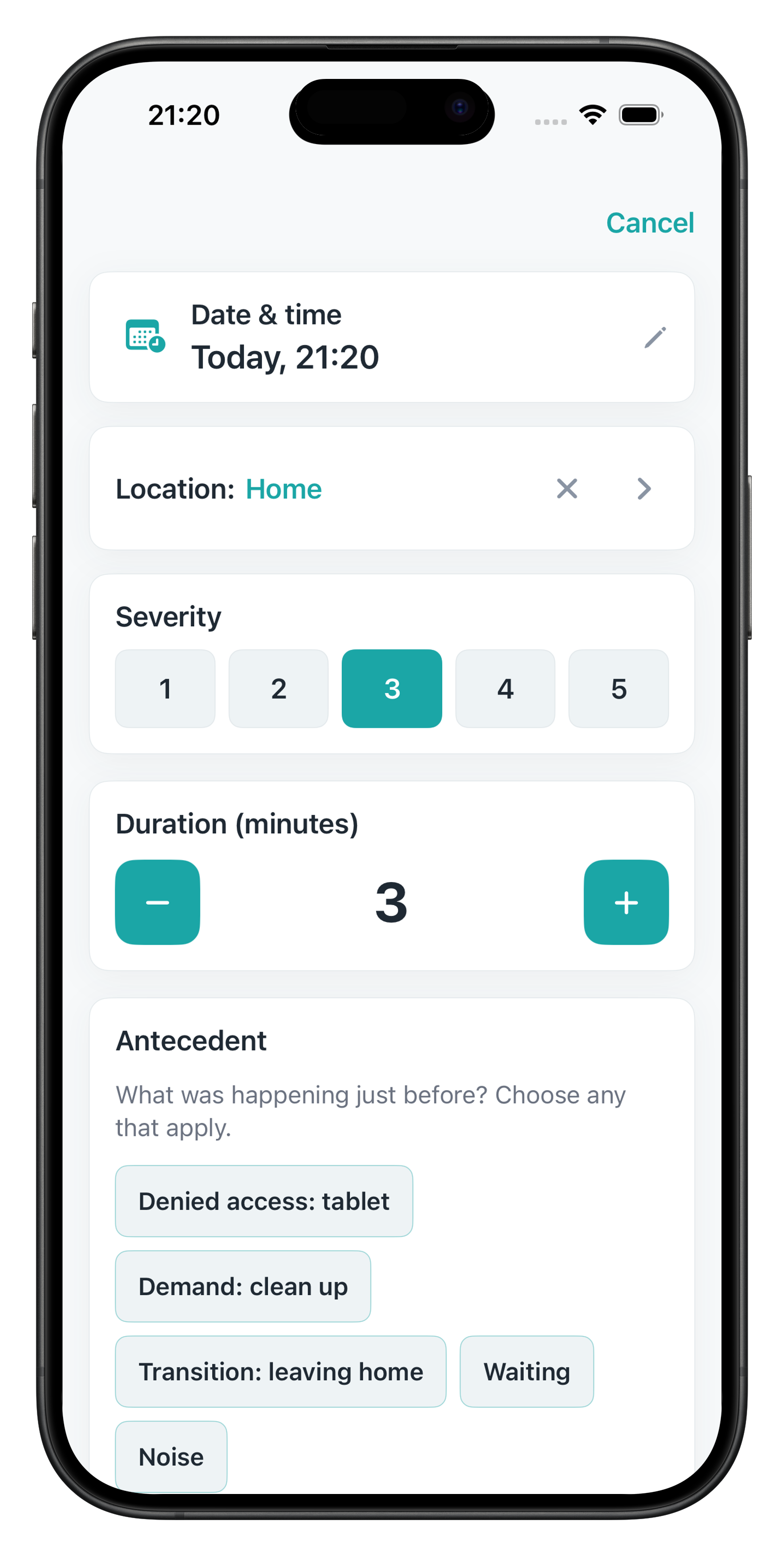 ABC Behaviour Tracker app showing a quick incident logging screen