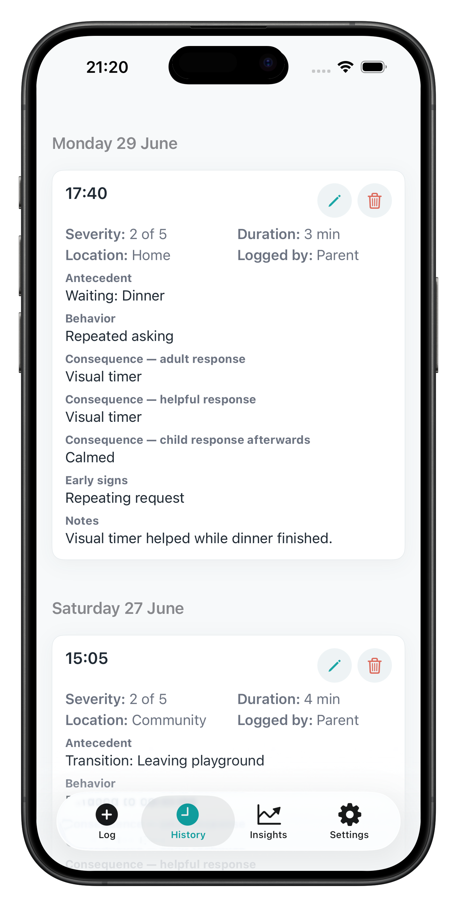 Behaviour Tracker history screen showing saved ABC behaviour log details