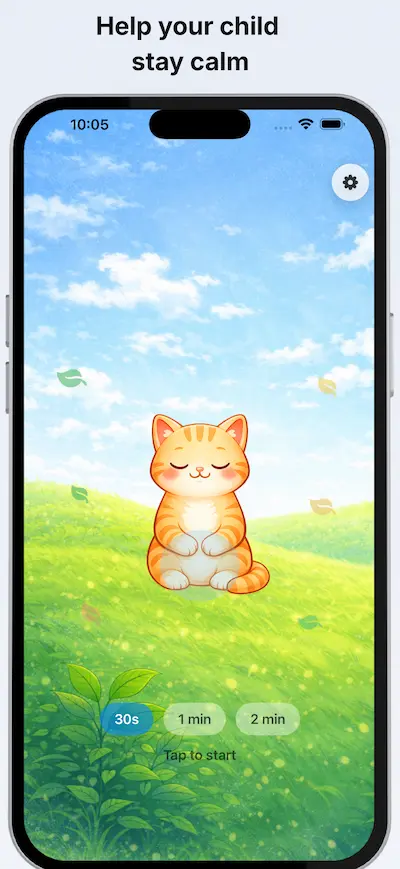 Belly Breath Buddy start screen with friendly cat and breathing prompt