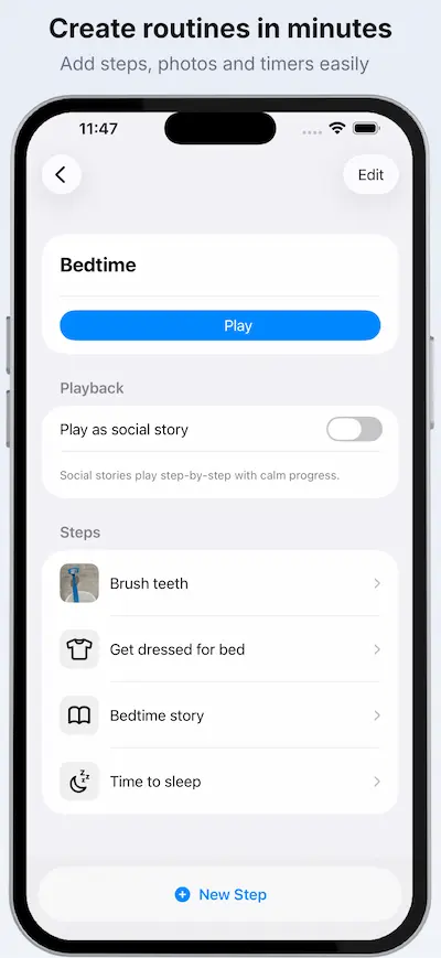 Calm Schedule routine overview screen showing steps with photos