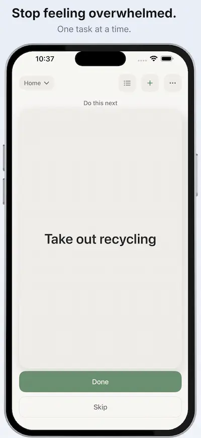 One Thing Next showing a single task card with one next action
