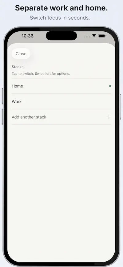 Manage stacks screen with Home and Work task groups